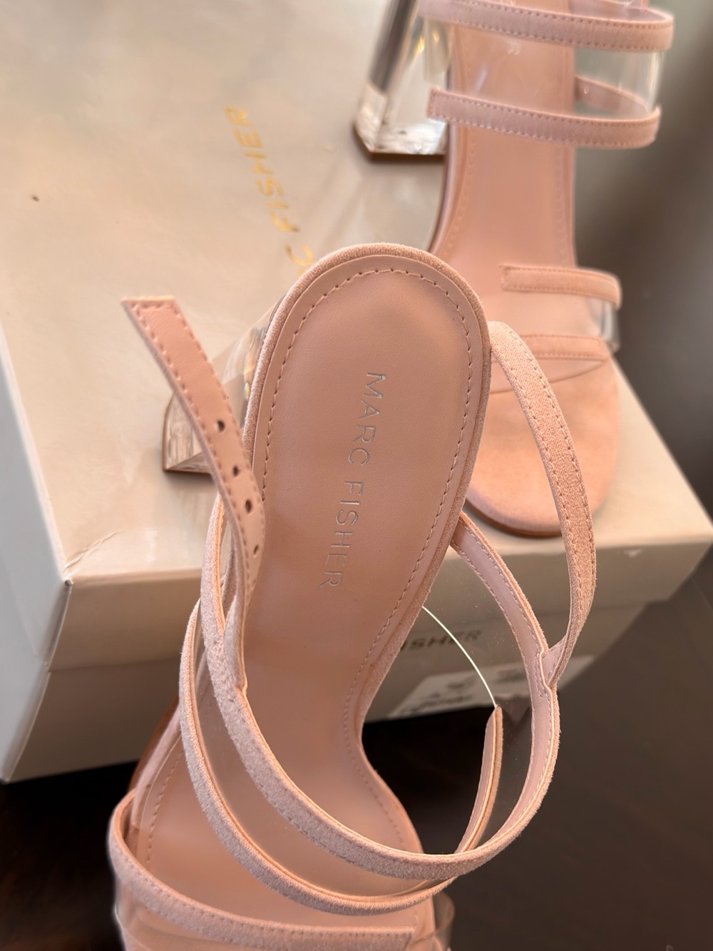 Marc Fisher Pink Suede & Clear Strap Block Heel Sandals - Picture 8 of 8